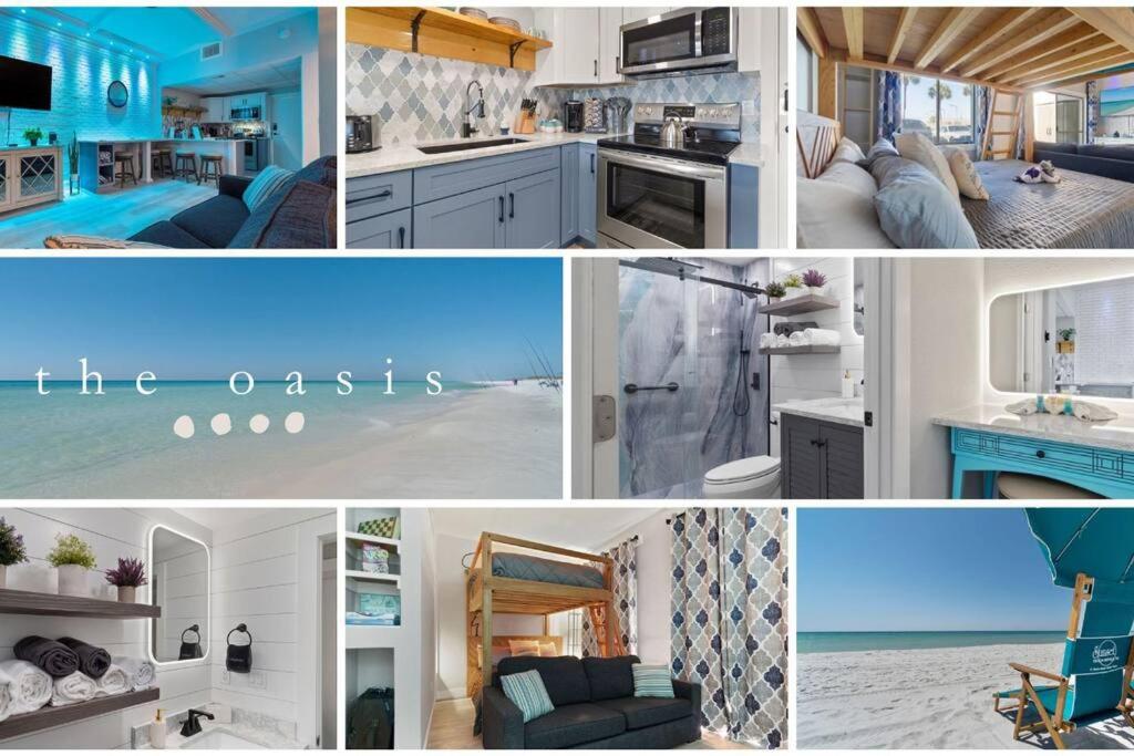 a collage of photos of a kitchen and a living room at Luxury 1-bdrm Studio. 2 Pools/Sauna/Hot Tub/Beach in Fort Walton Beach