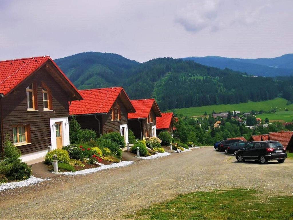 a row of houses with cars parked on the side of a road at Holiday home in Gaal im Murtal in a beautiful setting in Pirkach