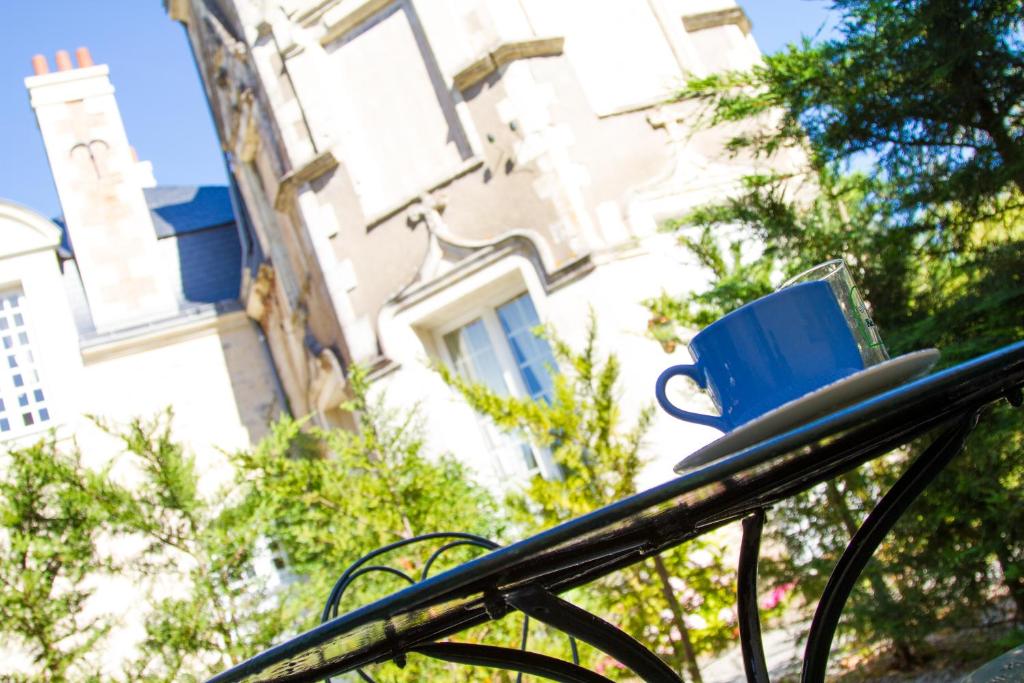 Gite de la Laiterie في Bouaye: كوب ازرق جالس فوق السياره