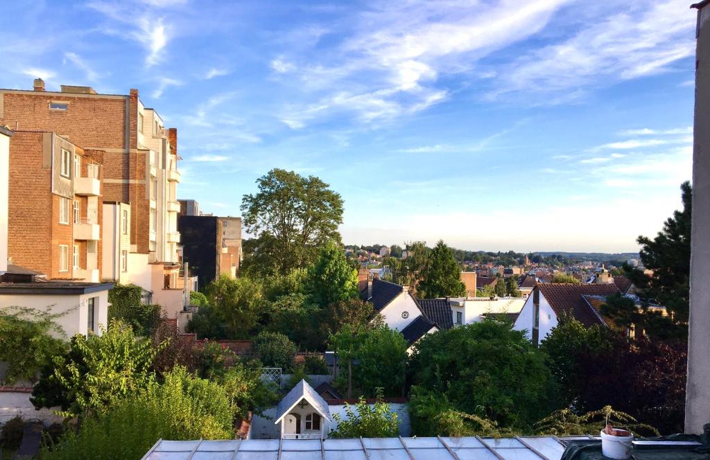 uma vista para uma cidade com edifícios e árvores em Calm, green & birdsong near the city center em Bruxelas