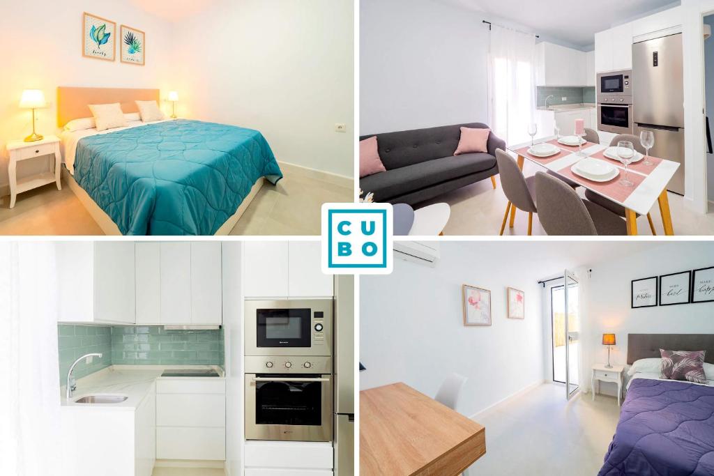 a collage of photos of a bedroom and a living room at Cubo's Urban Miranda Apartment in Cártama