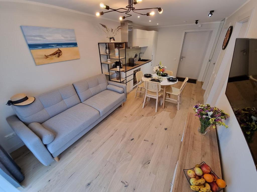 een woonkamer met een blauwe bank en een tafel bij Angren Albatross, SEA & SPA in Ķesterciems
