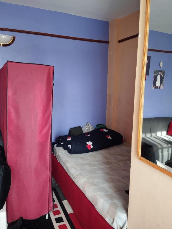 - une petite chambre avec un lit et un miroir dans l'établissement Nature's Nook, à Kisumu