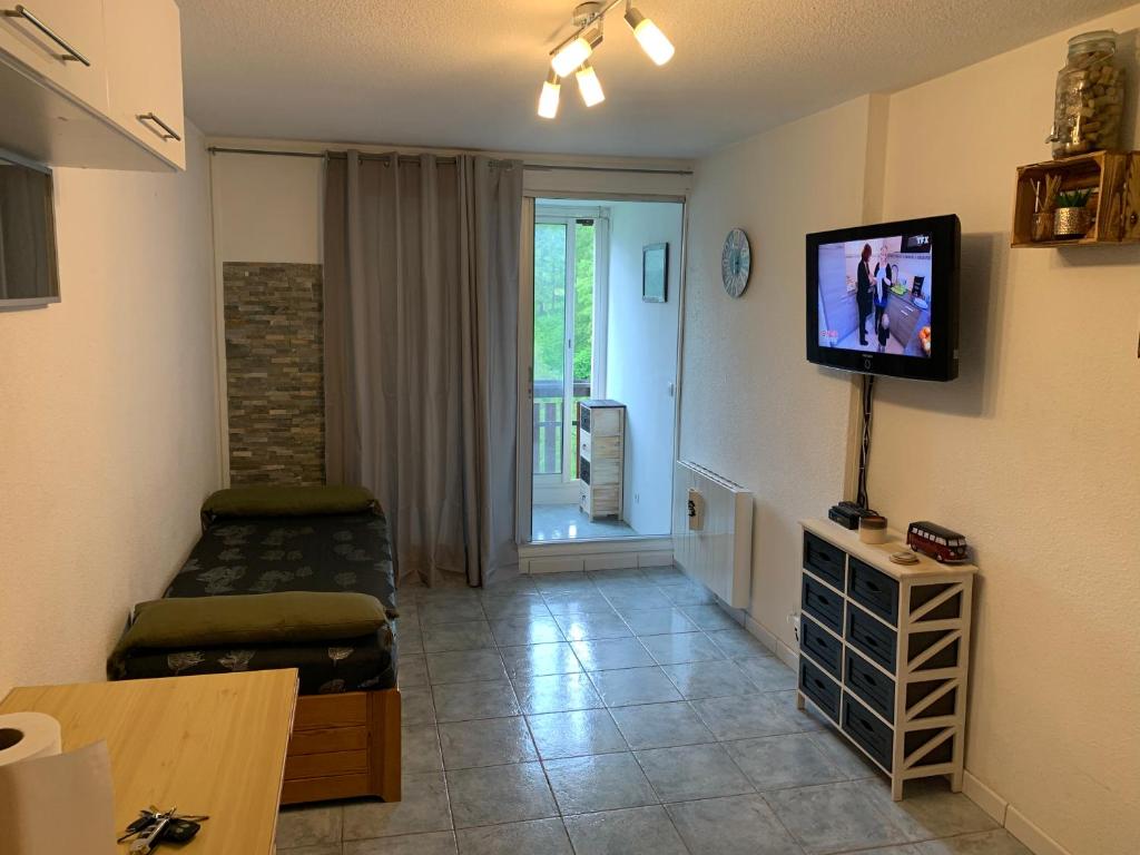 een woonkamer met een flatscreen-tv aan de muur bij Résidence les étoiles in La Foux