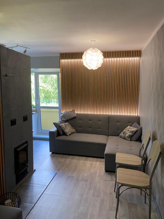 un soggiorno con divano e camino di Oja 134 Apartments a Pärnu