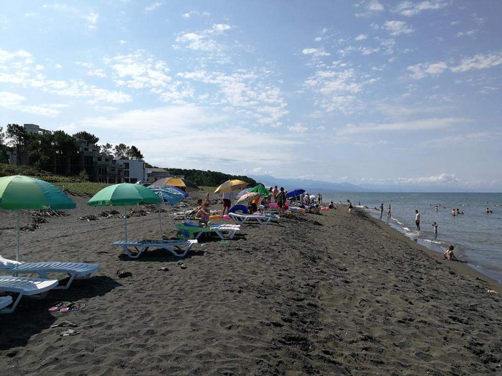 a group of people sitting on a beach with umbrellas at shekvetili in Shekvetili