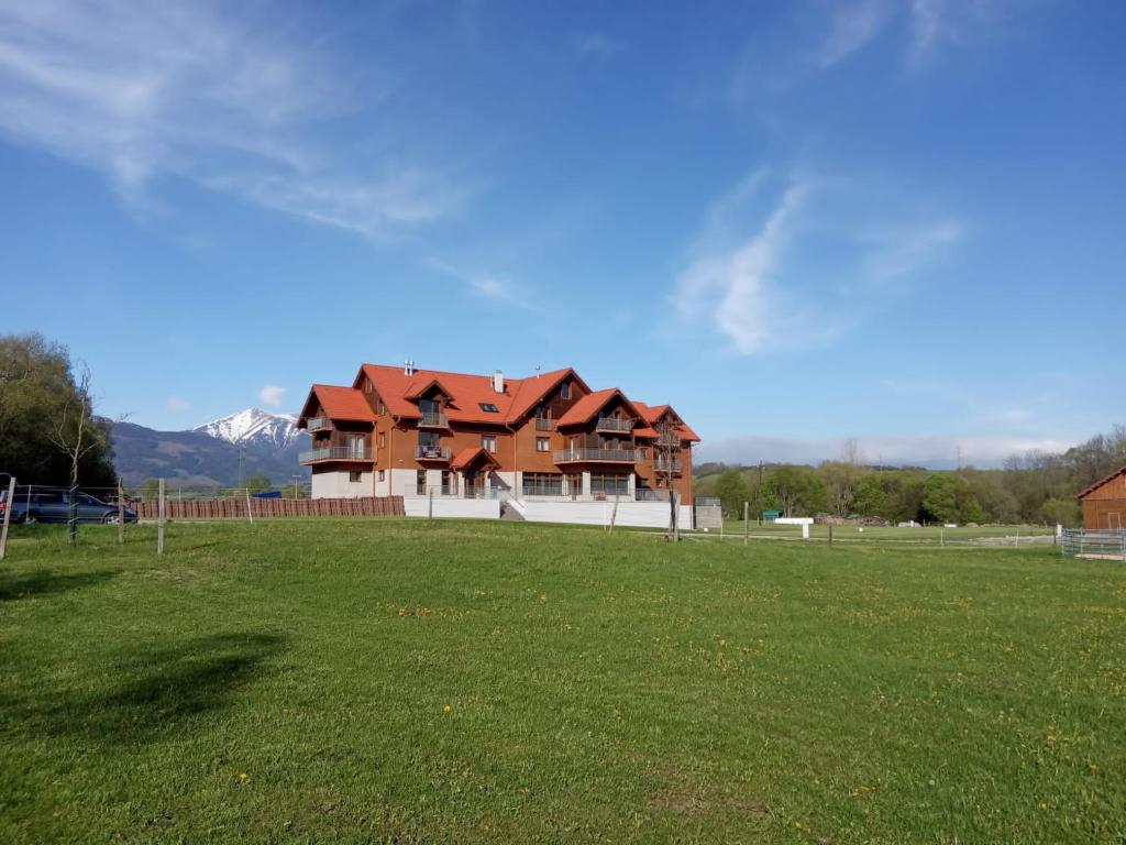 a large house in a field of green grass at Penzion Kamence in Liptovský Mikuláš