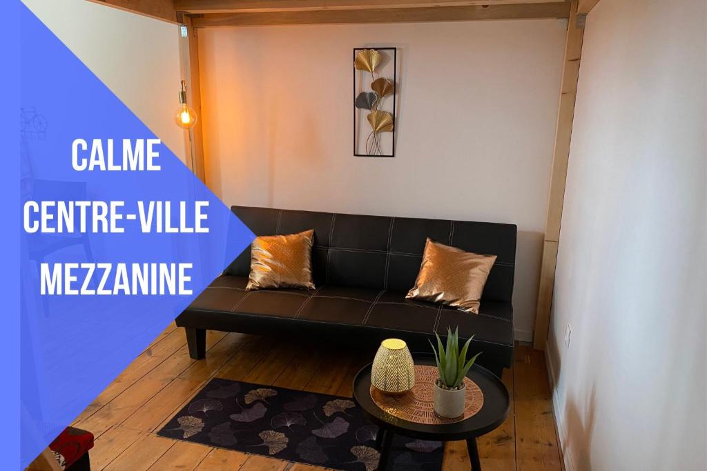 a living room with a black couch and a table at La Domus Lemaitre 9 - Parking - TV - Wifi - Belgique 