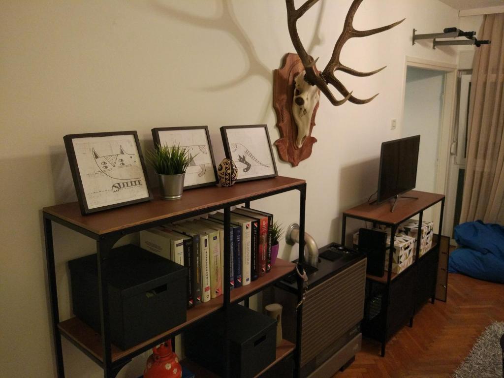 a book shelf with books and a deer head on the wall at Cozy Apartment near tram station in Zagreb