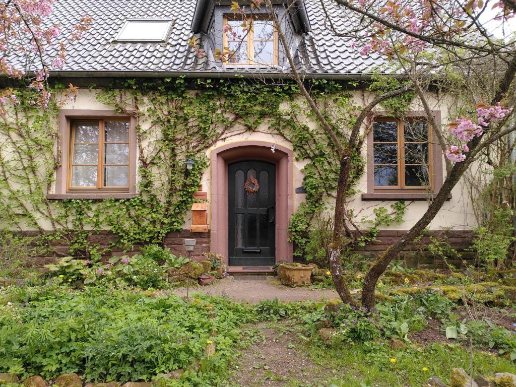 una casa cubierta de hiedra con una puerta y ventanas negras en Dolcefarniente en Dohm-Lammersdorf