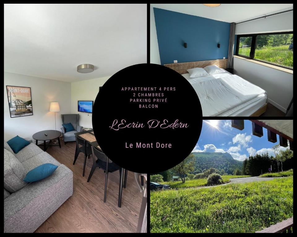 a collage of pictures of a room with a bed and a view at L'Ecrin d'Edern 4pers Mont Dore in Le Mont-Dore