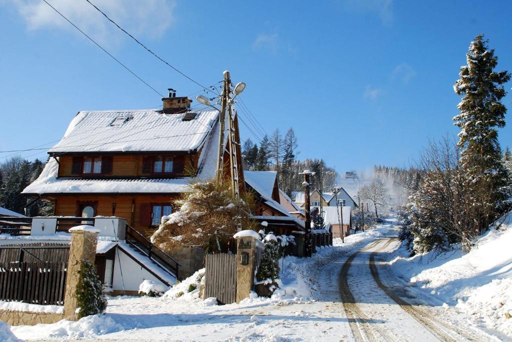 a house with a snow covered roof next to a train station at Adelka-dom przy stoku in Krynica Zdrój