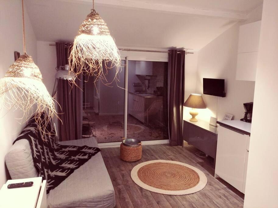 sala de estar con lámpara de araña y habitación con ventana en Studio indépendant proche Aix-en-Provence, en Châteauneuf-le-Rouge