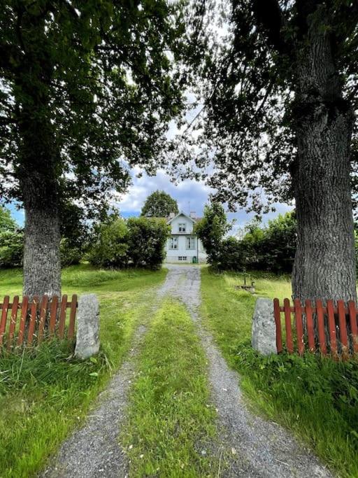 a road leading to a white house with two trees at Charmig villa norr om Stockholm in Vallentuna