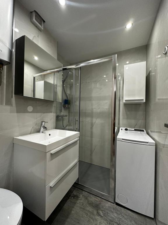 bagno con doccia, lavandino e servizi igienici di Apartma Vivo a Bovec