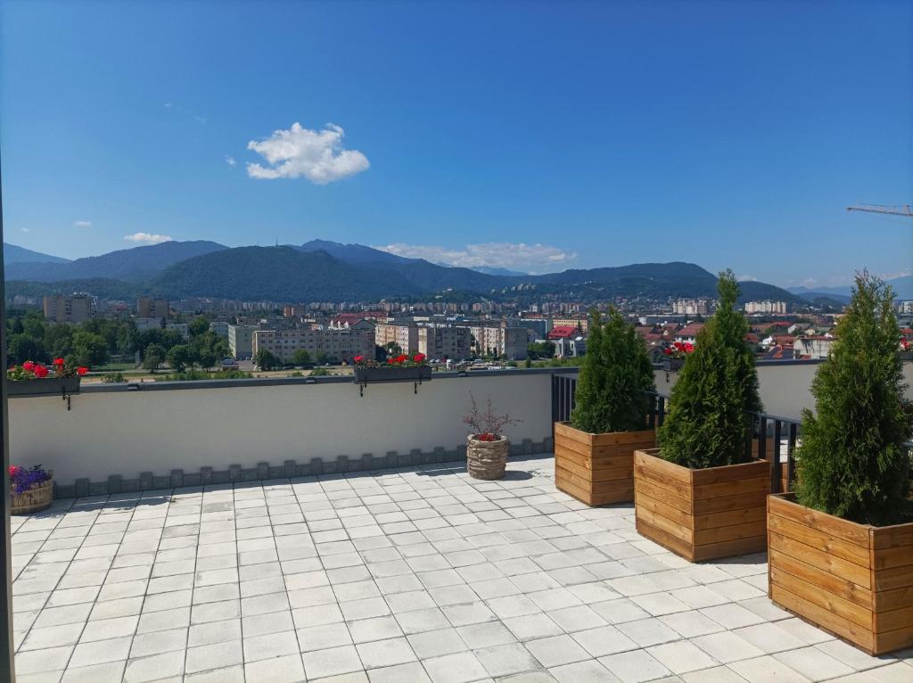 einen Balkon mit Topfpflanzen und Stadtblick in der Unterkunft Penthouse City View Infinity in Braşov