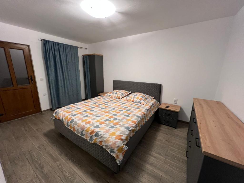 1 dormitorio con 1 cama con tocador y escritorio en CASA ANDREI en Cîrţişoara