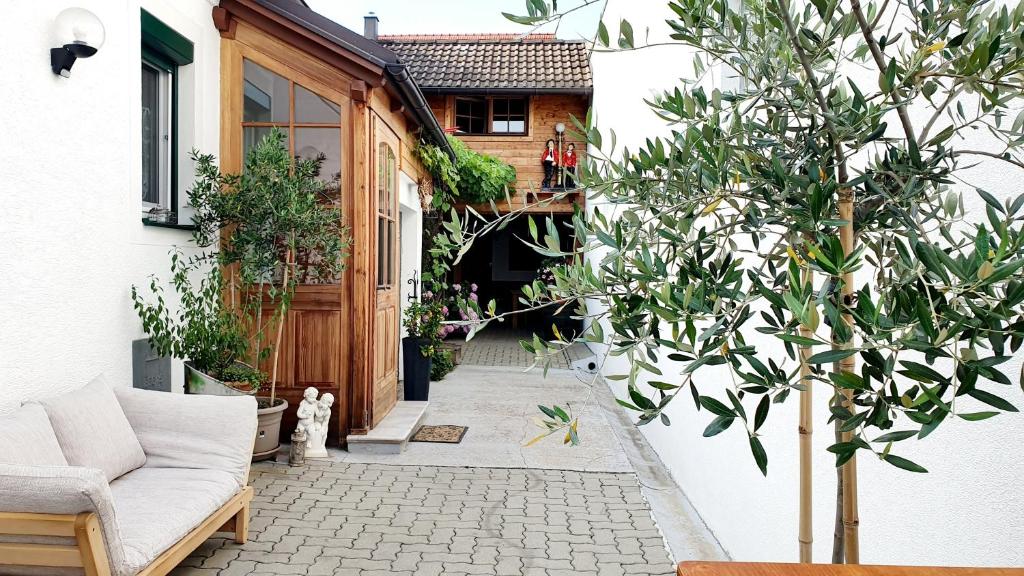 eine Terrasse mit einem Sofa und Bäumen vor einem Gebäude in der Unterkunft Casa Zara in Mörbisch am See