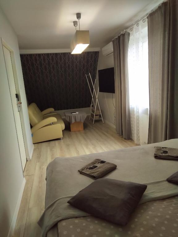 sypialnia z łóżkiem i salonem w obiekcie Willa Gorzow-spokojna okolica! w mieście Gorzów Wielkopolski