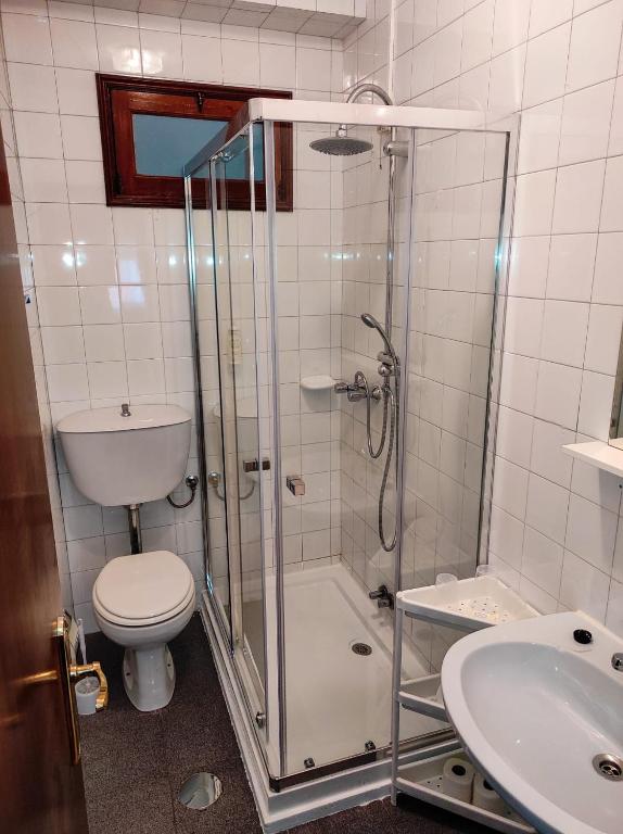 uma casa de banho com um chuveiro, um WC e um lavatório. em Alojamento Local Tamega em Amarante