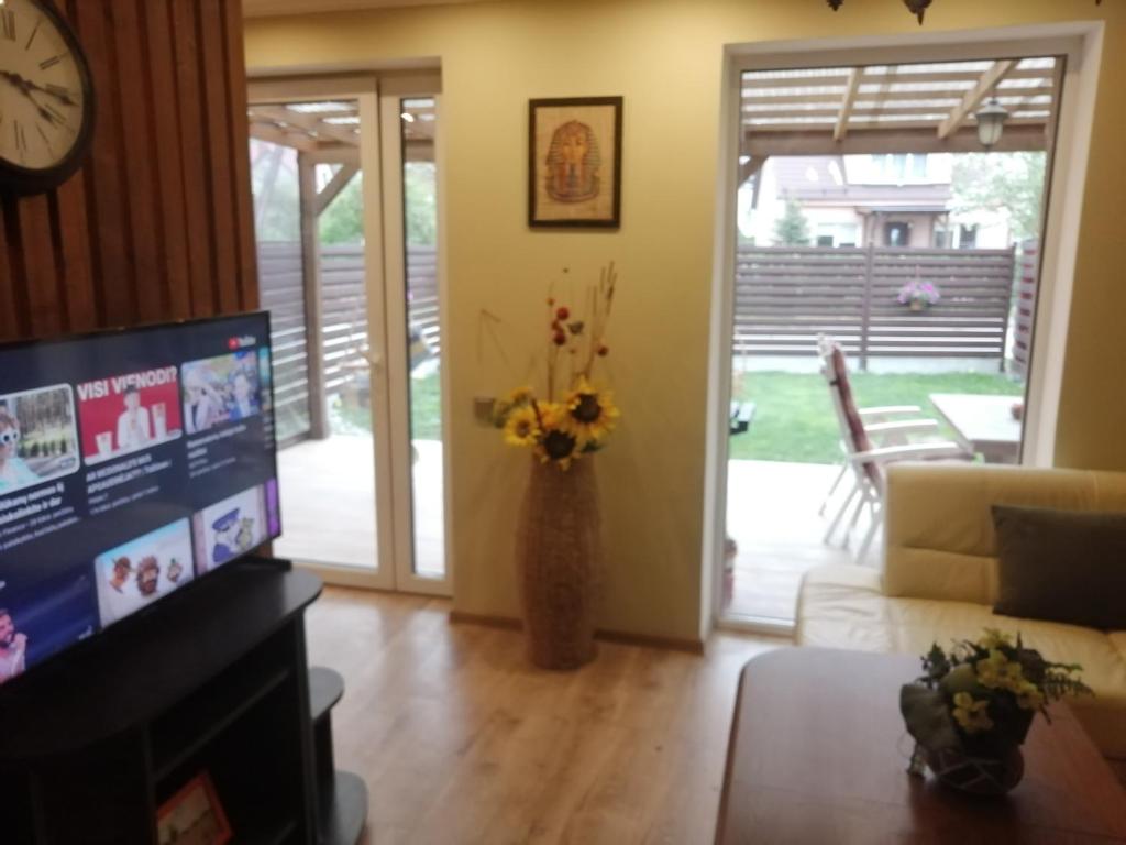 a living room with a television and a vase of flowers at Poilsis Giruliuose in Klaipėda