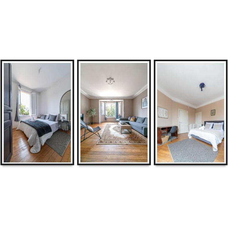 4 photos d'une chambre et d'un salon dans l'établissement Le Rue Neuve - Appartement Calme et lumineux, à Vichy