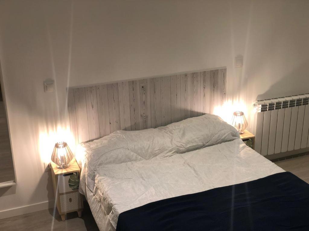 桑坦德的住宿－Apartamento centro Santander A，一间卧室配有一张床,两台桌子上放着两盏灯