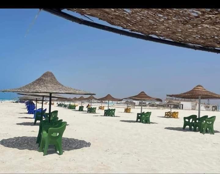 een groep stoelen en parasols op een strand bij شاليه قريه عايدة -مصر الجديده- عائلات فقط in El Alamein