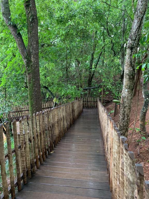 eine Holzbrücke in einem Park mit Bäumen in der Unterkunft Park Veredas - Rio Quente in Rio Quente