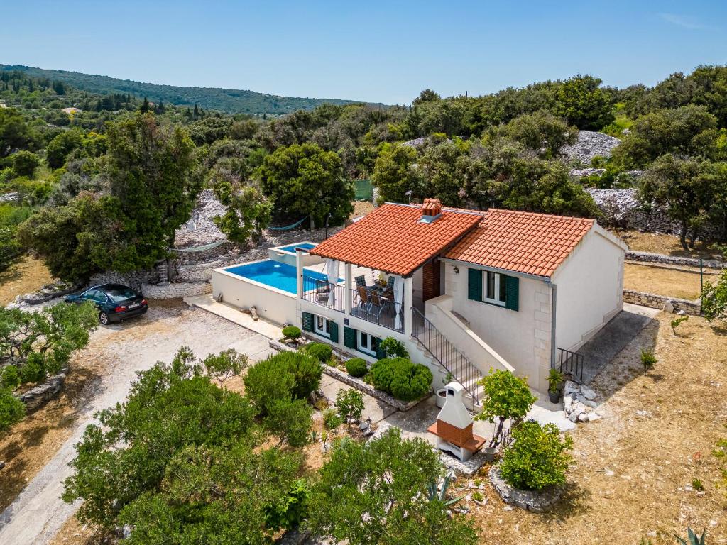 uma vista aérea de uma casa com piscina em Villa Maria Škrip em Škrip