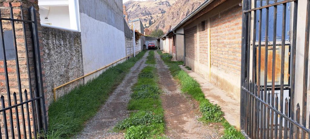 un callejón con un camino de tierra entre dos edificios en Los girasoles en Esquel