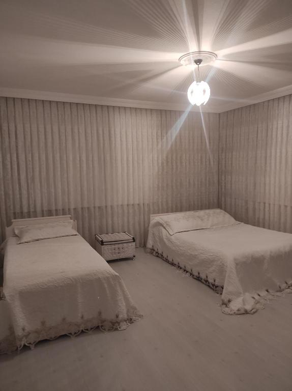 um quarto com 2 camas e uma ventoinha de tecto em BadalApart em Ardeşen