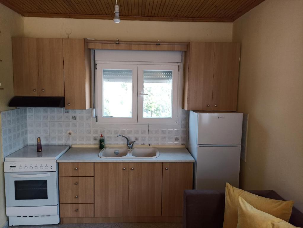 a kitchen with a sink and a white refrigerator at private house in Sozopoli