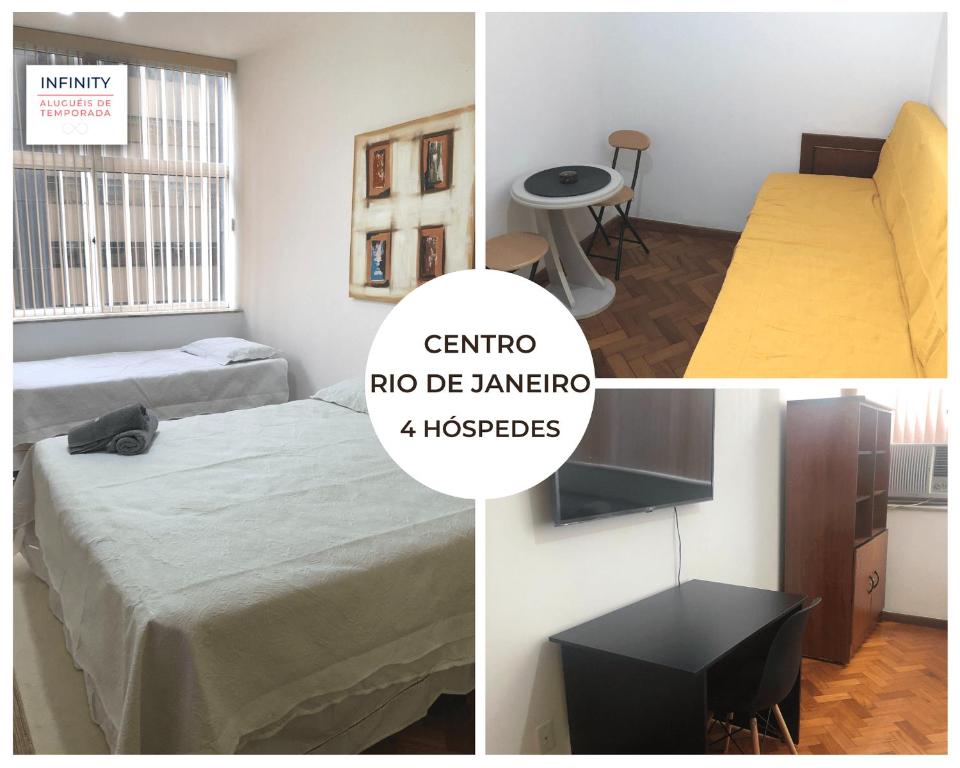 twee foto's van een kamer met twee bedden en een bord bij Loft no CENTRO DO RIO DE JANEIRO em frente ao VLT e metrô in Rio de Janeiro