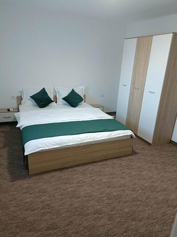 a bedroom with a large bed with green pillows at Casa Venus in Sînmartin