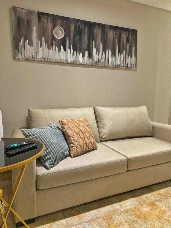 1 sofá con 2 almohadas en la sala de estar en Paramont Rosario 1 en Rosario de la Frontera