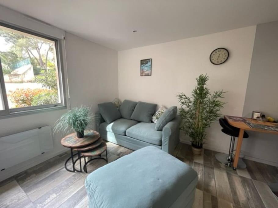 un salon avec un canapé et une table dans l'établissement Joli T2, à 5 min de la mer, à La Seyne-sur-Mer