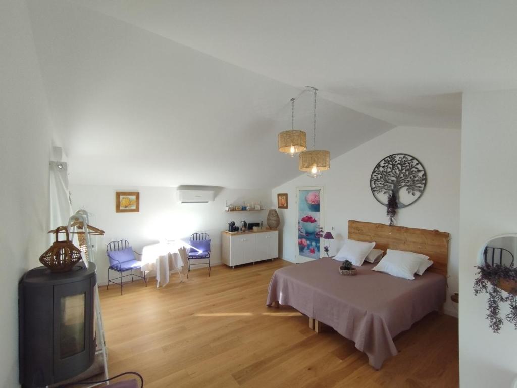 sypialnia z łóżkiem i telewizorem w pokoju w obiekcie Le Spa panoramique du plateau w mieście Valensole