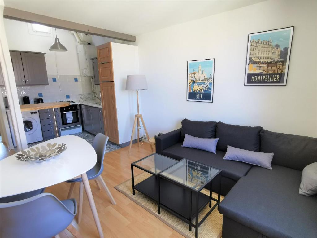 salon z kanapą i stołem w obiekcie Superbe appartement dans le Centre Historique w Montpellier