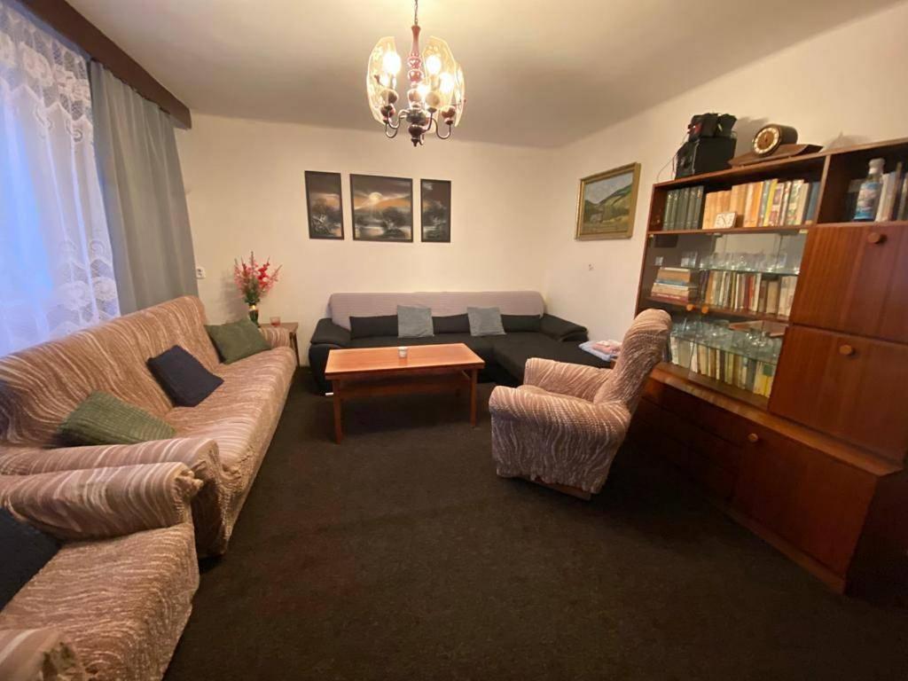 a living room with a couch and a table at Domeček Pod horami in Raškovice