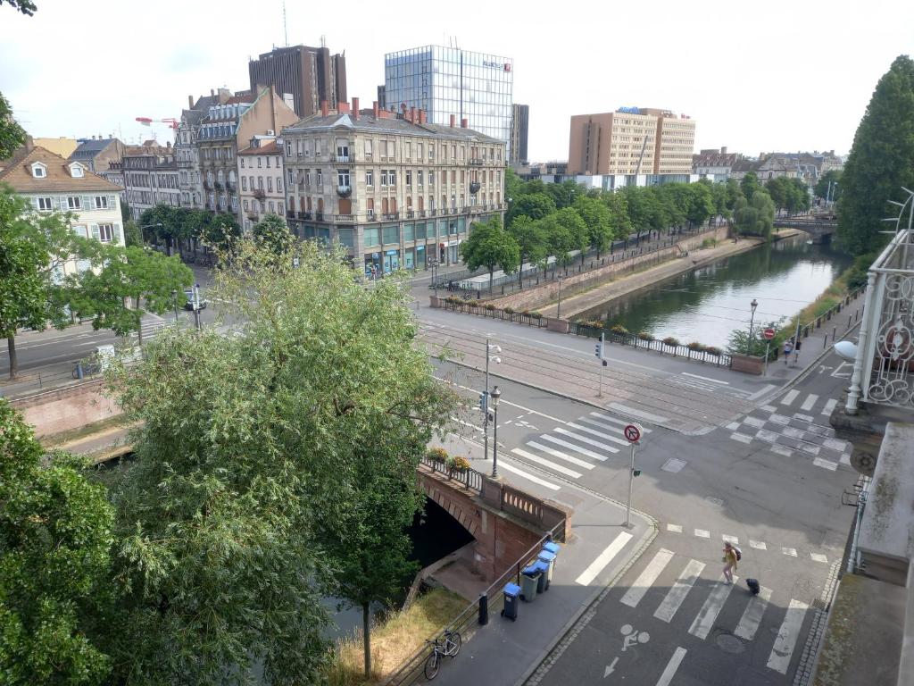 ストラスブールにあるGrand appartement au coeur de Strasbourgの川と橋の街並み