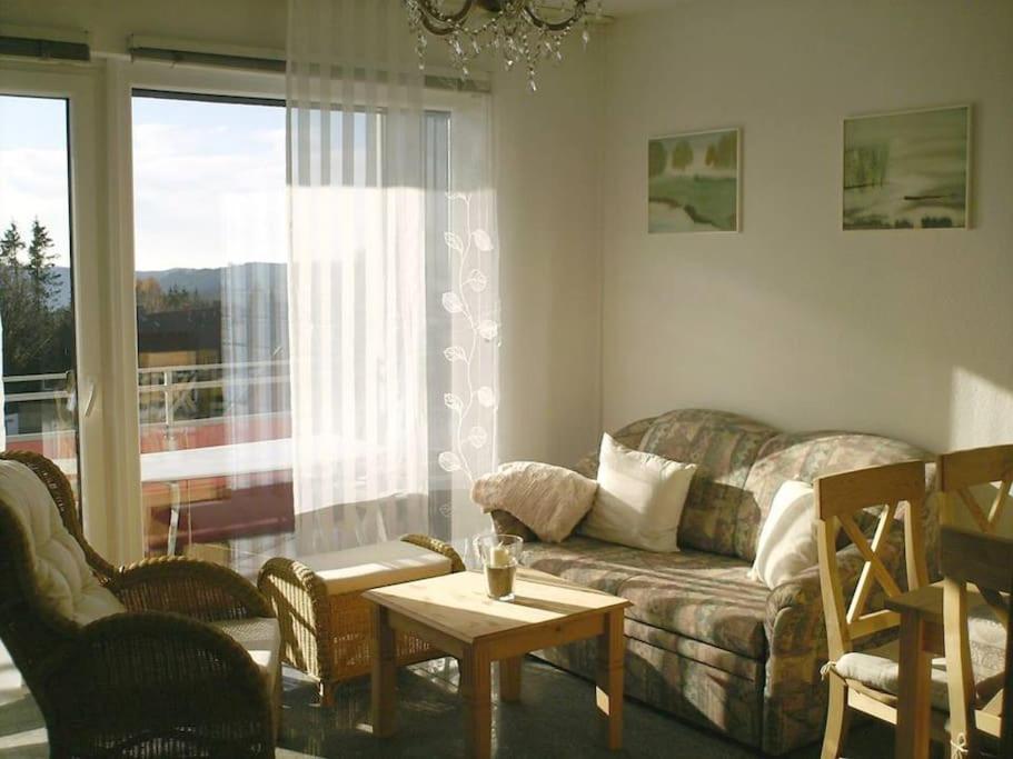 a living room with a couch and a table at Schnuckliges Apartment mit Traum-Panorama im Harz in Sankt Andreasberg