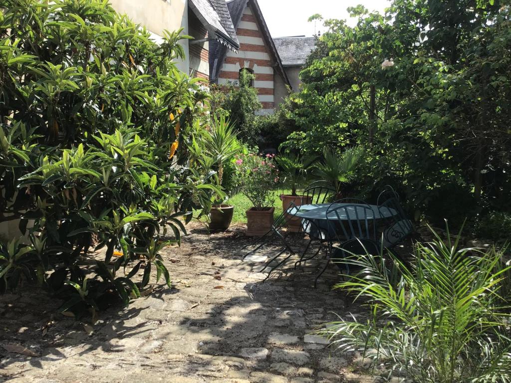 a garden with a table and some plants at Le Ragois in Richelieu