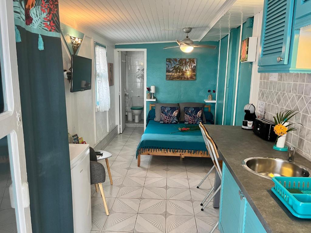 ein Wohnzimmer mit einem blauen Sofa in einem Zimmer in der Unterkunft Studio Ti’ Colibri in Sainte-Marie