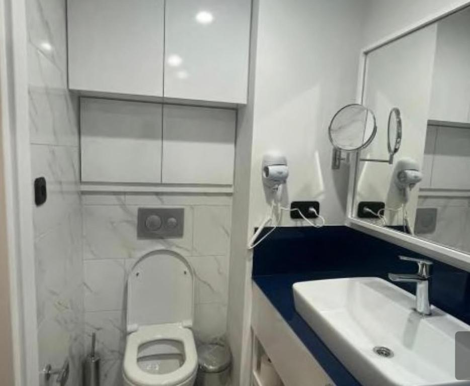 a bathroom with a toilet and a sink and a mirror at Orbi Sea view Blok D in Batumi