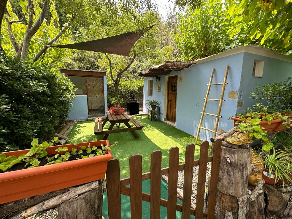 a garden with a blue house and a table at New Paradaise art Gallery in Xàtiva