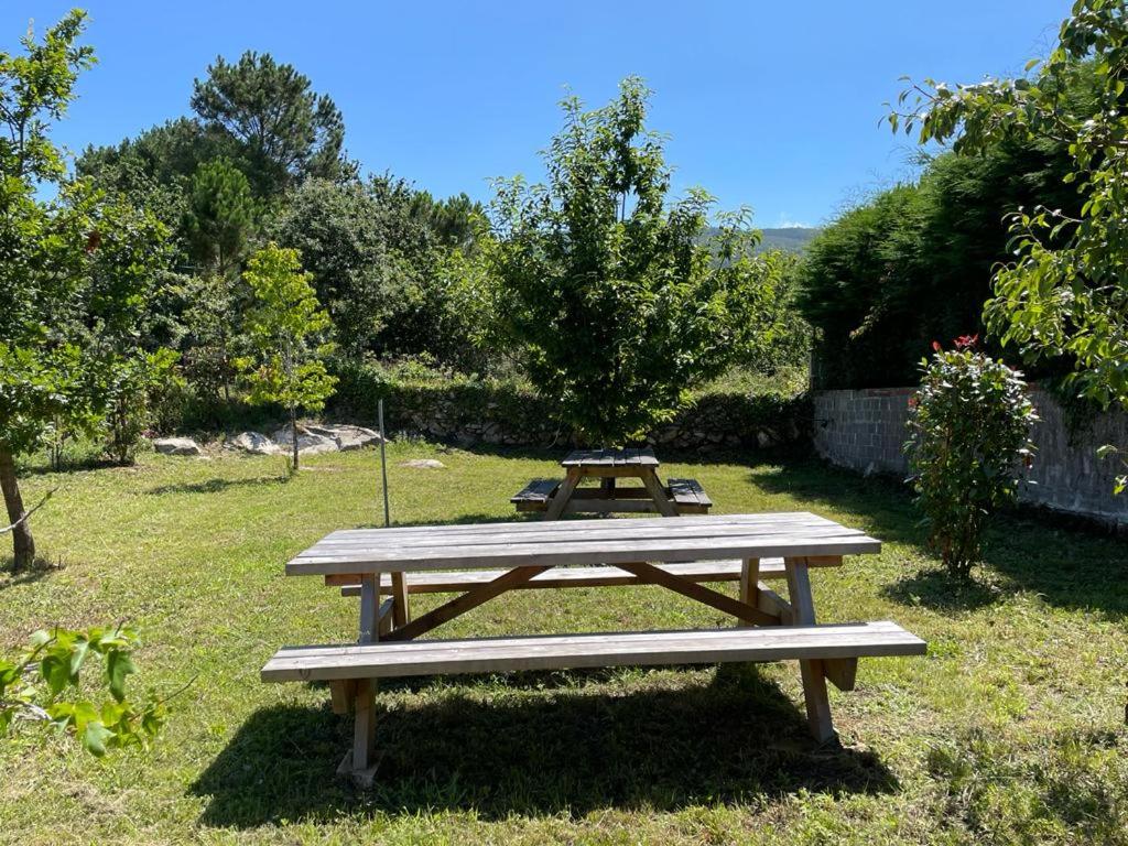 a picnic table in the grass in a field at Apartamento Carnota in Carnota