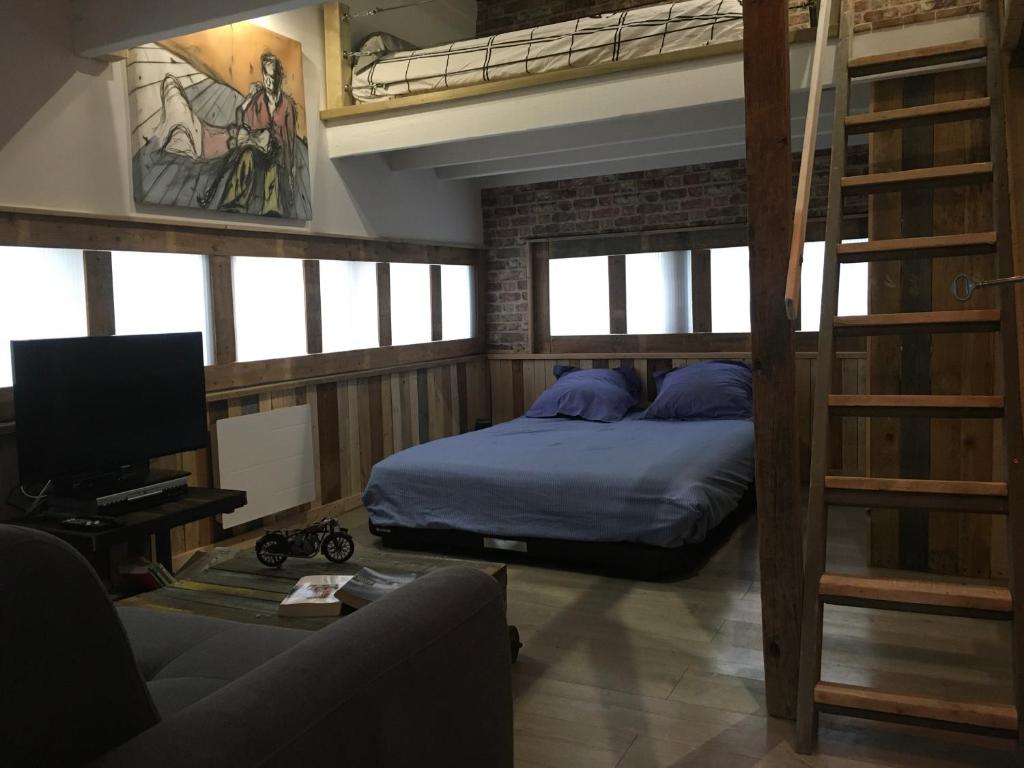 a bedroom with a bunk bed and a couch at Magnifique loft atypique proche gare et bord de rivière in Le Mans