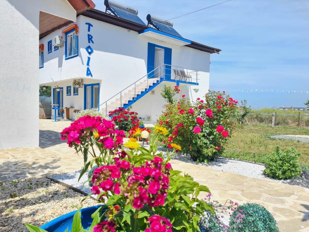 a house with flowers in front of it at Vila Troia Vama Veche in Vama Veche