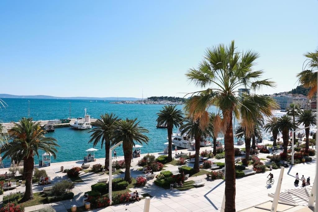 uma vista para uma praia com palmeiras e a água em Apartment Tonka-Riva em Split
